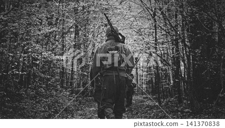 Black and White Illustration of Soldier in a Forest Black and White Illustration of Soldier in a Forest 141370838