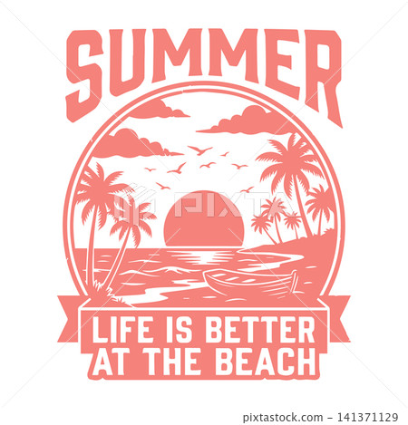 Summer sunset over tropical beach with palm trees and ocean waves Vector Illustration Summer sunset over tropical beach with palm trees and ocean waves Vector Illustration 141371129