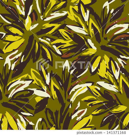High selling seamless vector pattern featuring abstract camouflage leaves in khaki green, olive, and yellow colors for textile print or fashion. 141371168