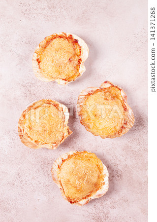 scallop, baked in shells, with cheese and spices, on the table, homemade, scallop, baked in shells, with cheese and spices, on the table, homemade, 141371268
