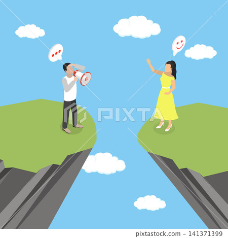 3D Isometric Flat Vector Illustration of Language Barrier, Man Shouting Through Megaphone To Woman Across A Cliff Edge 3D Isometric Flat Vector Illustration of Language Barrier, Man Shouting Through Megaphone To Woman Across A Cliff Edge 141371399