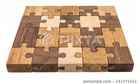 Wooden puzzle pieces connected on a flat surface with connection solution strategy business interlock structure teamwork matching arrangement completeness collaboration material hardwood Wooden puzzle pieces connected on a flat surface with connection solution strategy business interlock structure teamwork matching arrangement completeness collaboration material hardwood 141371422