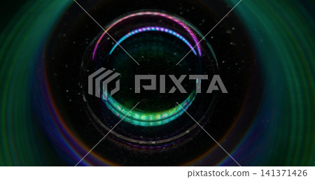 Holographic sphere. Round portal. Fantasy circle lens reflection light flare. Bubble prism mix swirl flow glow defocused background. 141371426