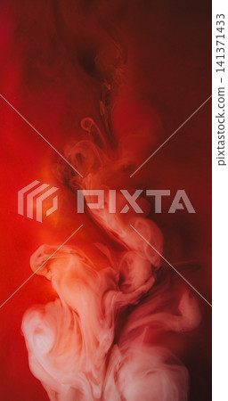 Paint bang. Smoke flow. Color water burst abstract fluid blur background. White drop soft curl spray explosion in red glossy liquid. Paint bang. Smoke flow. Color water burst abstract fluid blur background. White drop soft curl spray explosion in red glossy liquid. 141371433
