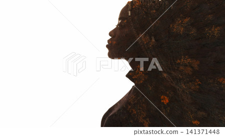 Environment mindfulness. Nature silhouette. Double exposure of aerial view fall trees landscape peaceful woman face isolated on white copy space. Environment mindfulness. Nature silhouette. Double exposure of aerial view fall trees landscape peaceful woman face isolated on white copy space. 141371448