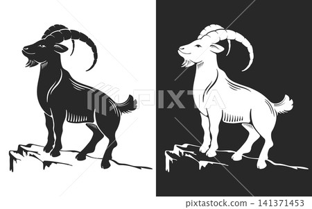 Goat Stands On A Rock Silhouette Set Goat Stands On A Rock Silhouette Set 141371453