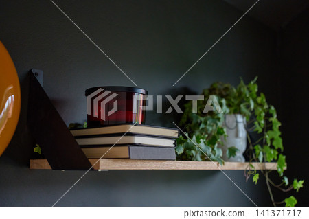 Floating wooden shelf with stacked books, candle and trailing houseplant against dark wall Floating wooden shelf with stacked books, candle and trailing houseplant against dark wall 141371717