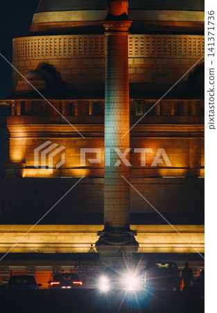Rashtrapati Bhavan Dome and Jaipur Column at Night 141371736
