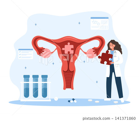 Gynecologist concept. Uterus health. Female doctor examines internal organs. Vector illustration in flat style 141371860