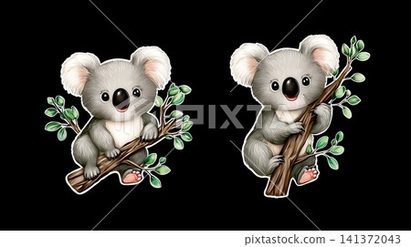 Cute koala characters on tree branch illustration set 141372043