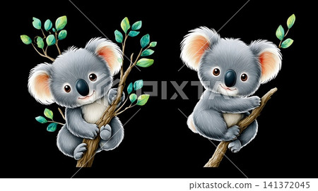 An adorable series of cartoon koalas sitting on wooden limbs, depicted as a cohesive illustration bundle An adorable series of cartoon koalas sitting on wooden limbs, depicted as a cohesive illustration bundle 141372045