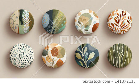 A set of eight circular badges featuring watercolor floral ornaments, leaves, and organic shapes 141372133
