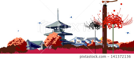 一幅描繪日本秋季景色的插圖,圖中有彼岸花和一座五層寶塔。 一幅描繪日本秋季景色的插圖,圖中有彼岸花和一座五層寶塔。 141372136