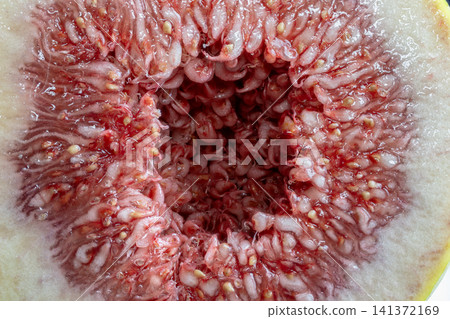 Half-cut fig revealing juicy red pulp, small seeds, and intricate organic texture Half-cut fig revealing juicy red pulp, small seeds, and intricate organic texture 141372169
