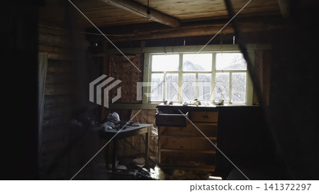 Tranquil Countryside View Through Frosted Panes With Nostalgic Cabin Ambiance And Scattered Tools . Media Tranquil Countryside View Through Frosted Panes With Nostalgic Cabin Ambiance And Scattered Tools . Media 141372297