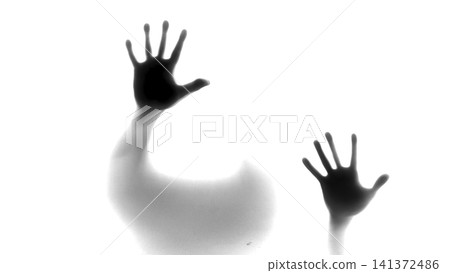 Dark Figures Push On Glass. Opaque Figure Presses Against Frosted Glass With Silent Desperation . Media 141372486