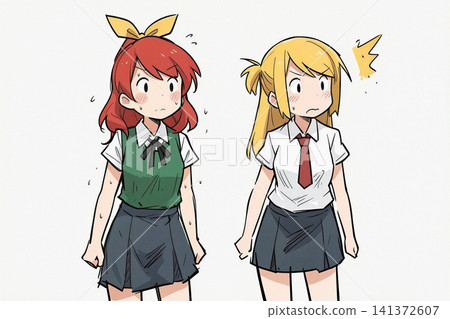 Two anime girls react with shock and surprise. Two anime girls react with shock and surprise. 141372607