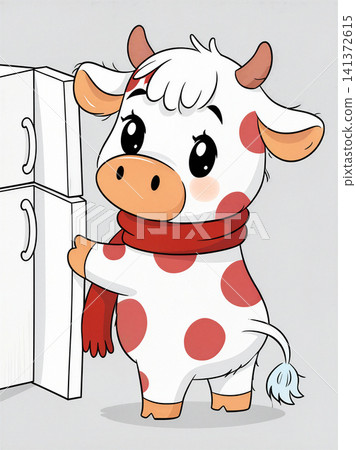A charming illustration of a cow wearing a red scarf, standing near a refrigerator. A charming illustration of a cow wearing a red scarf, standing near a refrigerator. 141372615