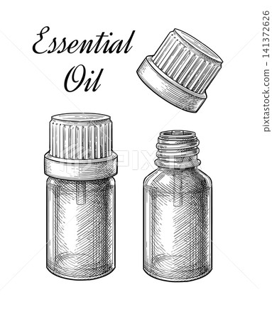 Glass essential oil bottles with caps. Ink sketch. Glass essential oil bottles with caps. Ink sketch. 141372626