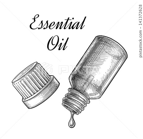 Essential oil drop and glass bottle. Ink sketch. Essential oil drop and glass bottle. Ink sketch. 141372628
