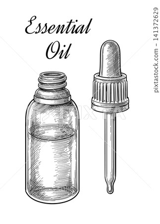 Essential oil bottle with glass dropper ink sketch Essential oil bottle with glass dropper ink sketch 141372629
