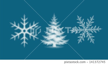 Merry Christmas. A set of winter objects in halftone: Christmas tree, snowflakes Not AI, vector illustration. Merry Christmas. A set of winter objects in halftone: Christmas tree, snowflakes Not AI, vector illustration. 141372745