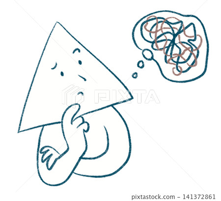A graphic recording-style illustration of a figure with a triangular head experiencing confusion and complex thoughts in their mind. 141372861