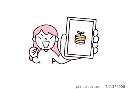 插圖描繪了一位年輕女子展示她的智慧型手機螢幕,以證明她的錢正在穩步增長。 插圖描繪了一位年輕女子展示她的智慧型手機螢幕,以證明她的錢正在穩步增長。 141374006