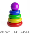 Colorful plastic stacking ring pyramid toy isolated on white, minimalist children educational element 141374541