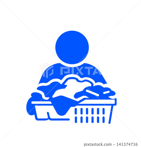 A pictogram (blue) of a person carrying a laundry basket full of clothes. A pictogram (blue) of a person carrying a laundry basket full of clothes. 141374716