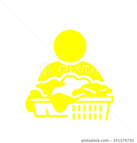 A pictogram (yellow) of a person carrying a laundry basket full of clothes. A pictogram (yellow) of a person carrying a laundry basket full of clothes. 141374720