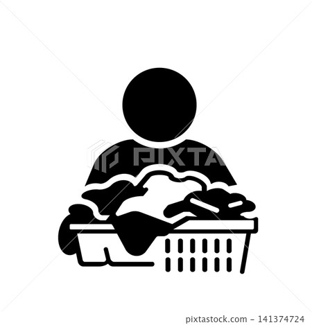 A pictogram (in black) of a person holding a laundry basket full of clothes. A pictogram (in black) of a person holding a laundry basket full of clothes. 141374724