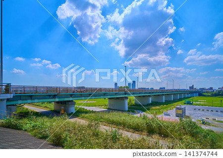 View of Gas Bridge from the Tamagawa riverbed in Ota Ward, Tokyo in summer View of Gas Bridge from the Tamagawa riverbed in Ota Ward, Tokyo in summer 141374744