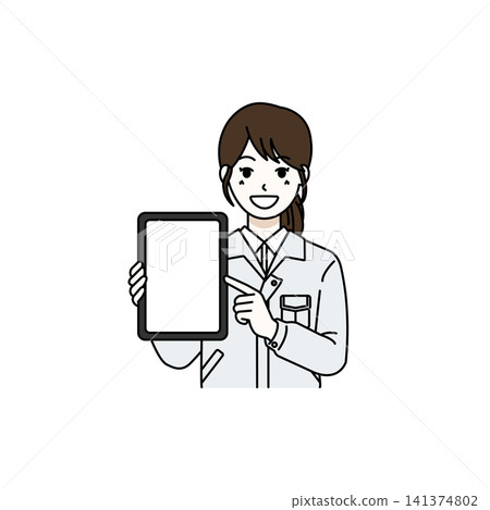 Female worker, white work uniform, tablet display. 141374802