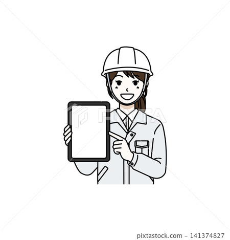Female worker, helmet, white work uniform, tablet display. 141374827