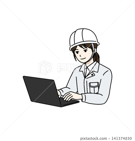 Female worker, helmet, white work uniform, computer operation. Female worker, helmet, white work uniform, computer operation. 141374830