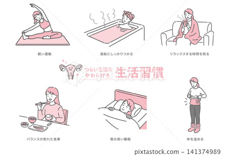 A set of illustrations on lifestyle habits to alleviate menstrual cramps. A set of illustrations on lifestyle habits to alleviate menstrual cramps. 141374989