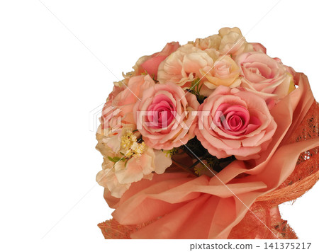 Pink rose bouquet, flower, ribbon, pastel, white background, romantic floral arrangement 141375217