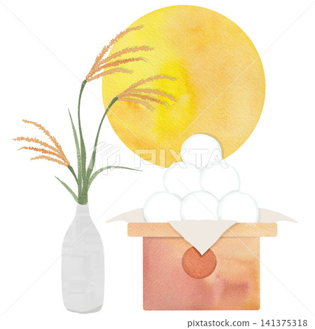 Watercolor illustration of the full moon viewing on the fifteenth night of the lunar month. 141375318