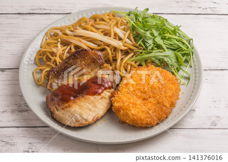 Pork steak and croquette yakisoba set meal Pork steak and croquette yakisoba set meal 141376016