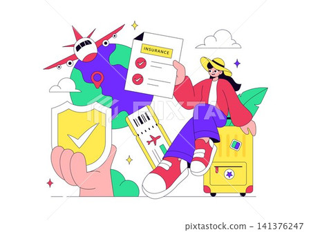 Travel Insurance Vector Illustration Featuring Safe Trip Protection, Vacation Security, Flight Assistance, Luggage Protection, and Global Travel Travel Insurance Vector Illustration Featuring Safe Trip Protection, Vacation Security, Flight Assistance, Luggage Protection, and Global Travel 141376247