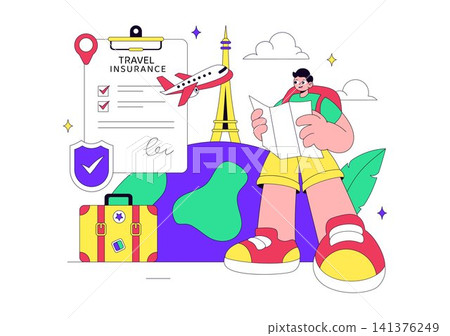 Travel Insurance Vector Illustration Featuring Safe Trip Protection, Vacation Security, Flight Assistance, Luggage Protection, and Global Travel Travel Insurance Vector Illustration Featuring Safe Trip Protection, Vacation Security, Flight Assistance, Luggage Protection, and Global Travel 141376249