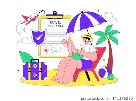 Travel Insurance Vector Illustration Featuring Safe Trip Protection, Vacation Security, Flight Assistance, Luggage Protection, and Global Travel Travel Insurance Vector Illustration Featuring Safe Trip Protection, Vacation Security, Flight Assistance, Luggage Protection, and Global Travel 141376250