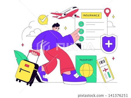 Travel Insurance Vector Illustration Featuring Safe Trip Protection, Vacation Security, Flight Assistance, Luggage Protection, and Global Travel 141376251