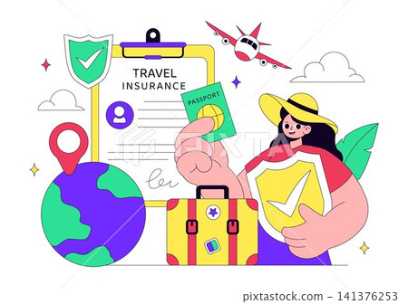 Travel Insurance Vector Illustration Featuring Safe Trip Protection, Vacation Security, Flight Assistance, Luggage Protection, and Global Travel 141376253