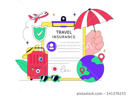 Travel Insurance Vector Illustration Featuring Safe Trip Protection, Vacation Security, Flight Assistance, Luggage Protection, and Global Travel 141376255