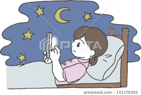 An illustration of a girl looking at her smartphone in bed at night (night owls, blue light, sleep deprivation, health effects, color) An illustration of a girl looking at her smartphone in bed at night (night owls, blue light, sleep deprivation, health effects, color) 141376305