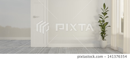 Empty room corner with open white door and plant Empty room corner with open white door and plant 141376354