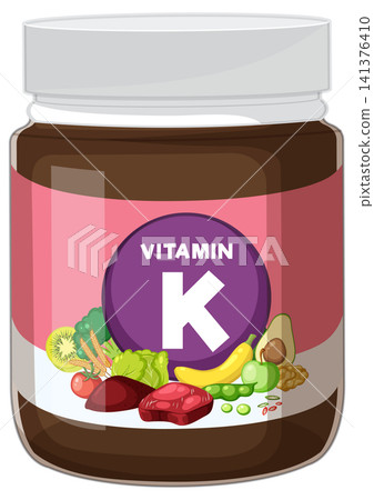 Vitamin K Supplement Jar with Fresh Food Illustration Vitamin K Supplement Jar with Fresh Food Illustration 141376410