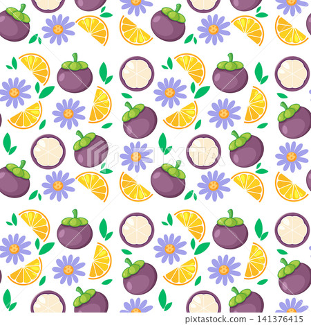 Seamless Vector Pattern with Mangosteen Orange Slices and Purple Flowers 141376415